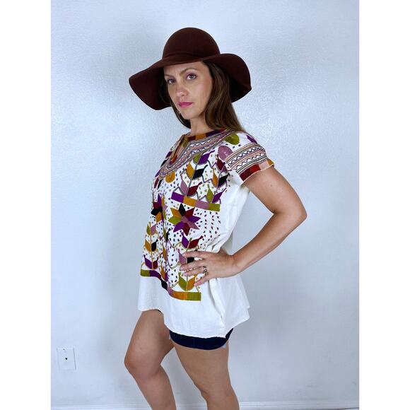 vintage 70s Cream EMBROIDERED STAR Mexican TOP os earth tone boho hippie Oaxacan - Picture 4 of 10